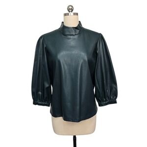 Calvin Klein Faux Leather Mock Neck Puff Sleeve Top Forest Green Womens Medium